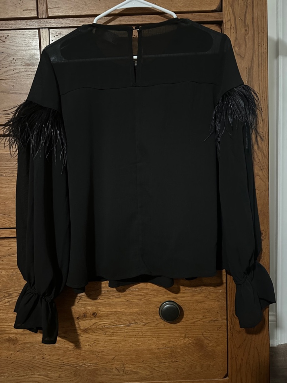 Black Feather-Trim Long-Sleeve Blouse - Women Tops - Picture 2 of 3